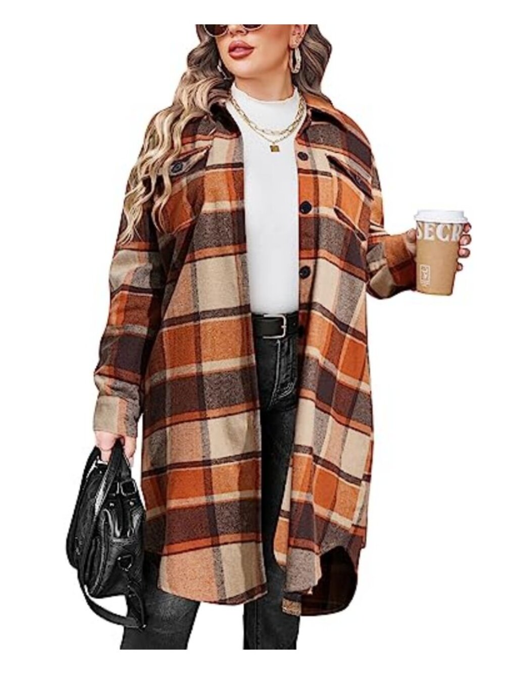 Plus Size Flannel Plaid Shacket Long Sleeve Button Down Midi Shirt Jacket